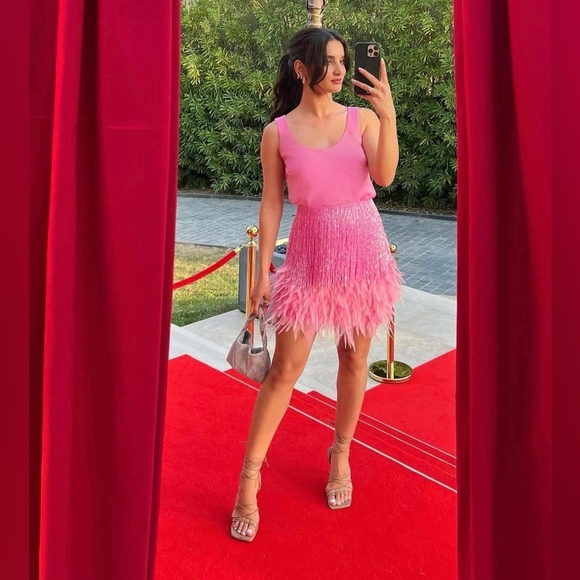 NWT Nadine Merabi Sara Pink Beaded Fringe Feathered Skirt Size XS/2 - Picture 8 of 13